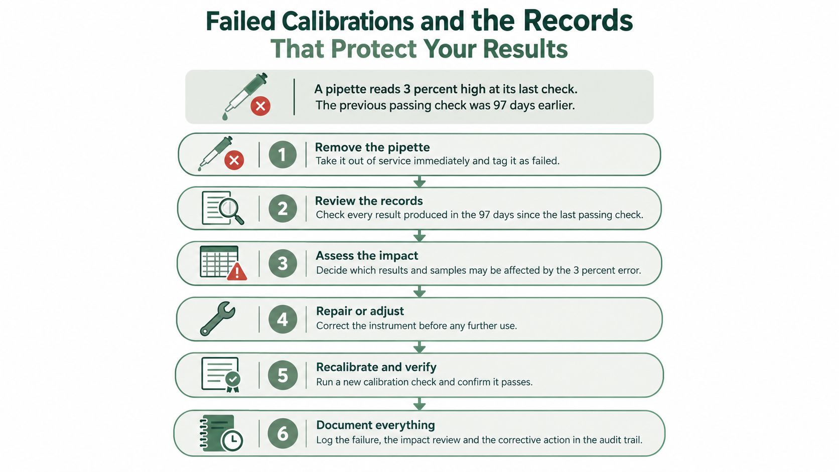 A flow chart illustrating six steps to follow when a laboratory pipette fails calibration, including documentation and repair.