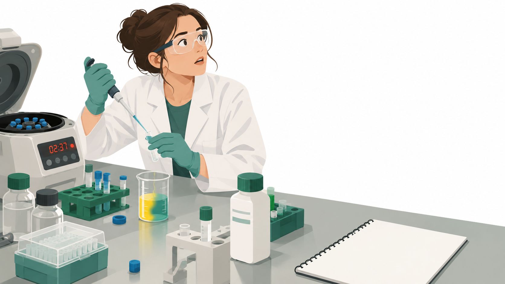 A female scientist in a white lab coat conducting an experiment using a pipette and lab equipment.