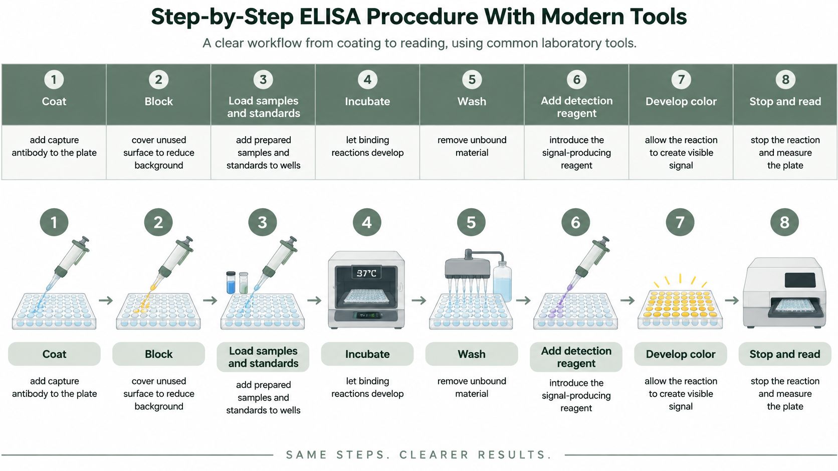 An infographic detailing the eight steps of an ELISA laboratory procedure, from coating to final measurement.