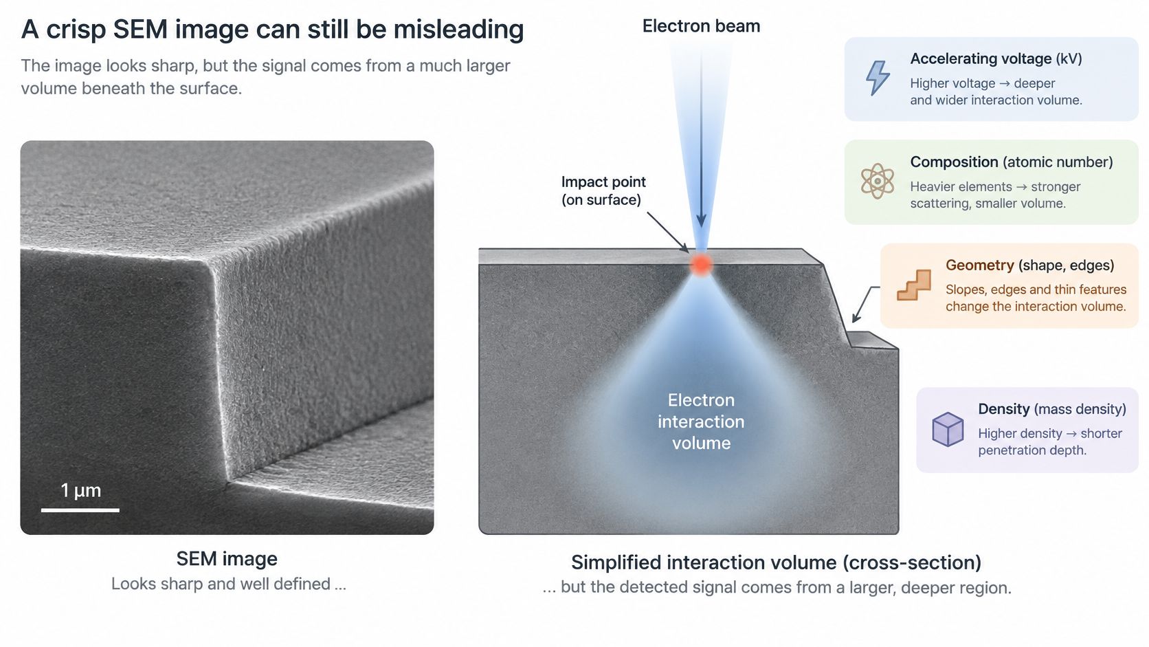 A diagram comparing a crisp scanning electron microscope image with the subsurface electron interaction volume it generates.