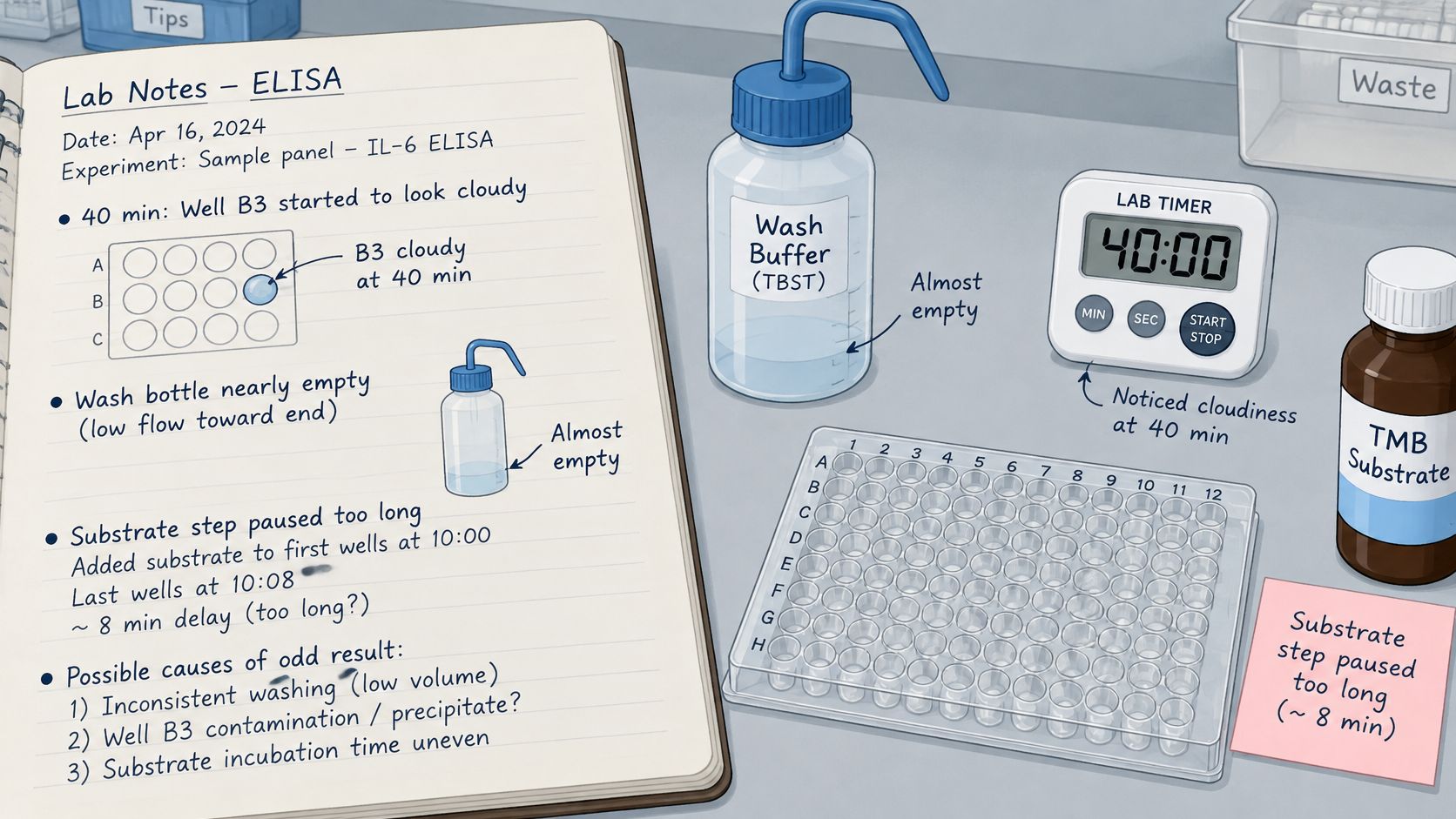 A lab notebook open to ELISA experiment notes alongside a wash buffer, timer, and microplate for analysis.