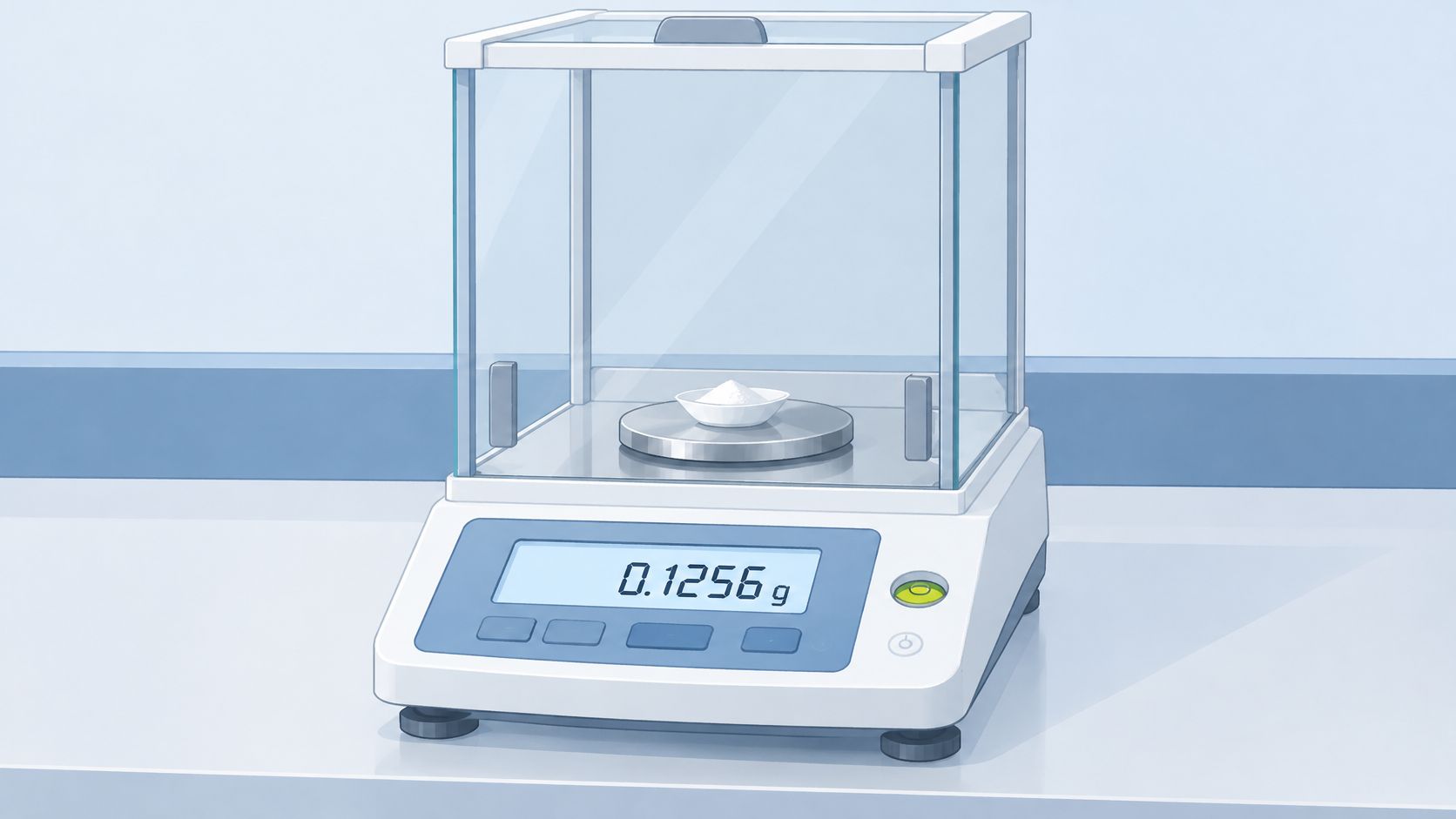 A laboratory analytical balance showing a reading of 0.1256 grams with a small sample on the weighing pan.