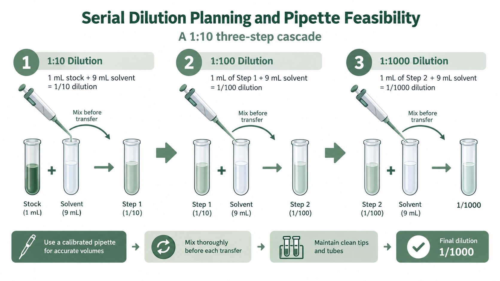 A diagram demonstrating a three-step 1:1000 serial dilution process using calibrated pipettes and solvent in test tubes.
