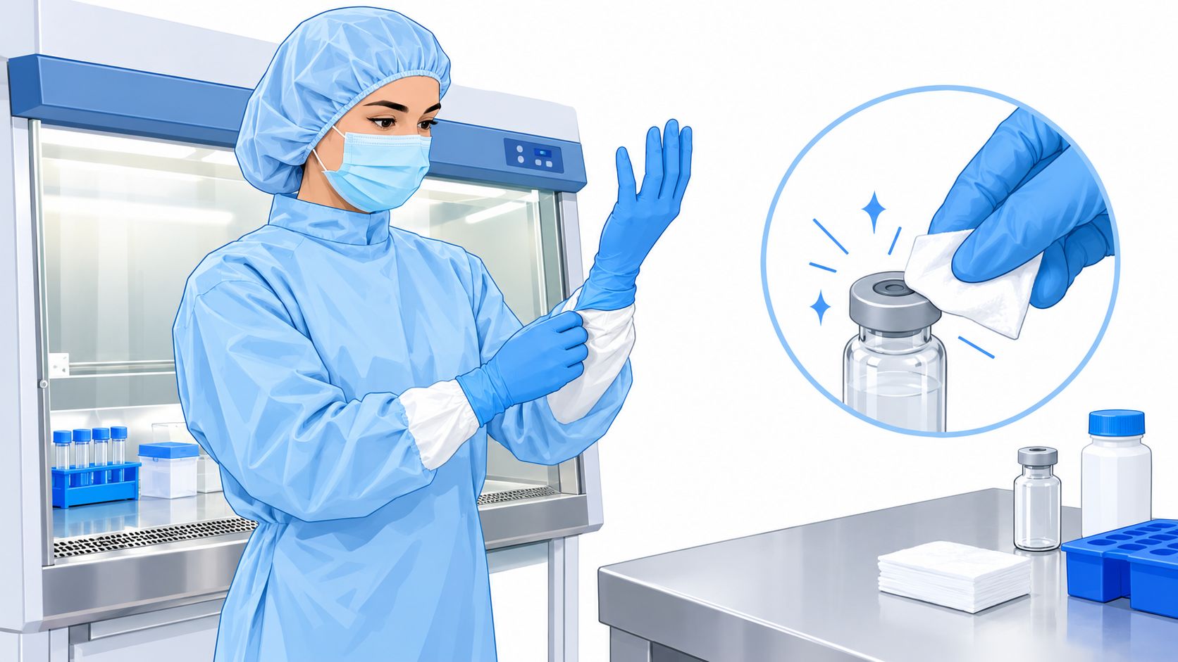 A scientist in a cleanroom lab environment puts on protective gloves while preparing medical supplies.