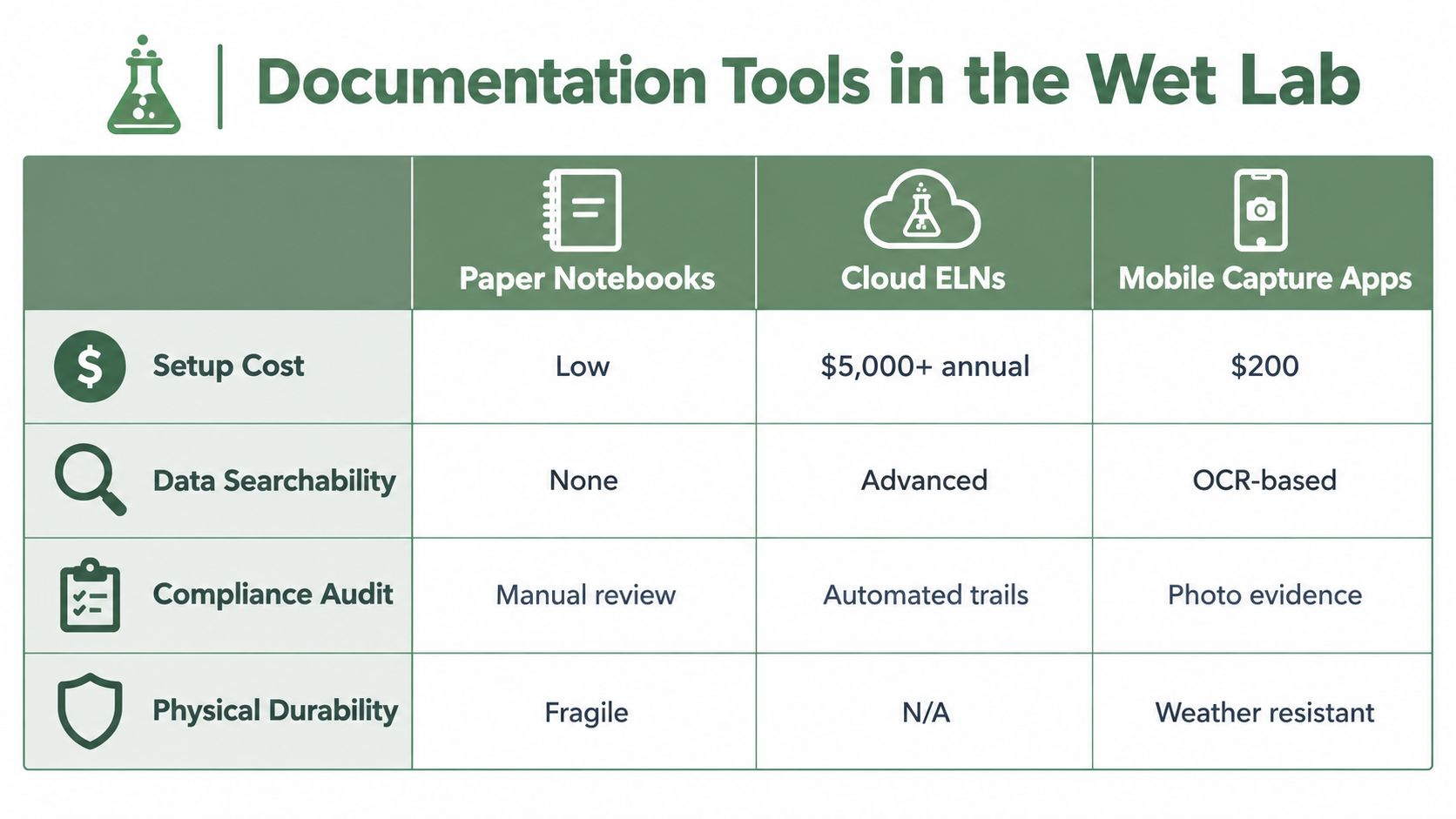 A comparison chart showing features and costs of paper notebooks, cloud ELNs, and mobile capture apps.