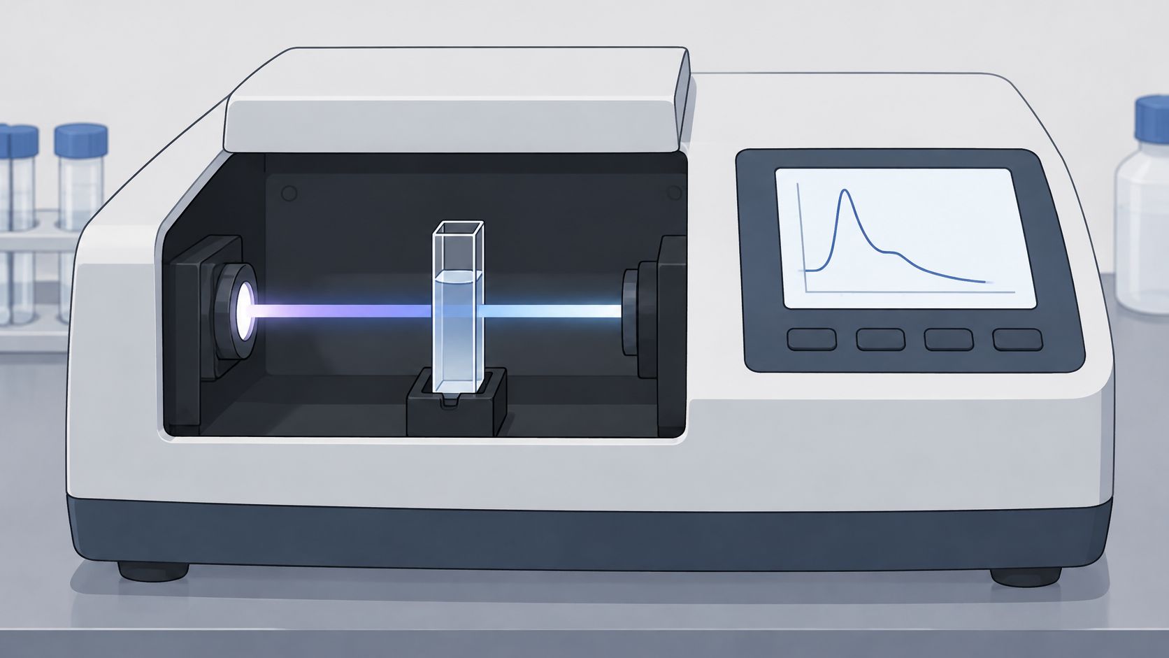 A laboratory spectrophotometer machine analyzing a liquid sample in a cuvette with a graphical data display.