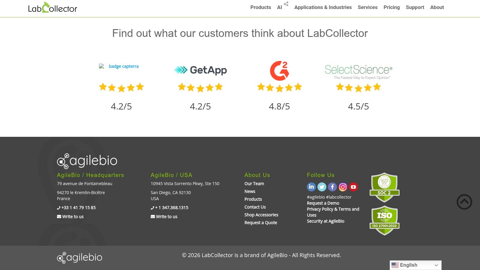 LabCollector LIMS software homepage showing laboratory sample and inventory management capabilities