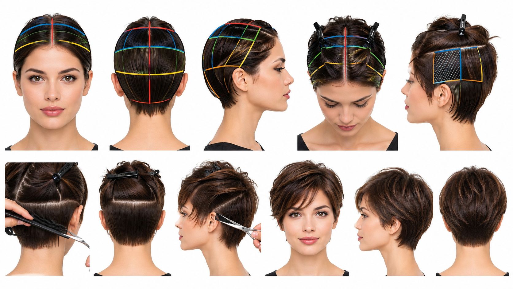 A professional hairstylist's guide showing step-by-step sectioning and cutting techniques for creating a short pixie haircut.
