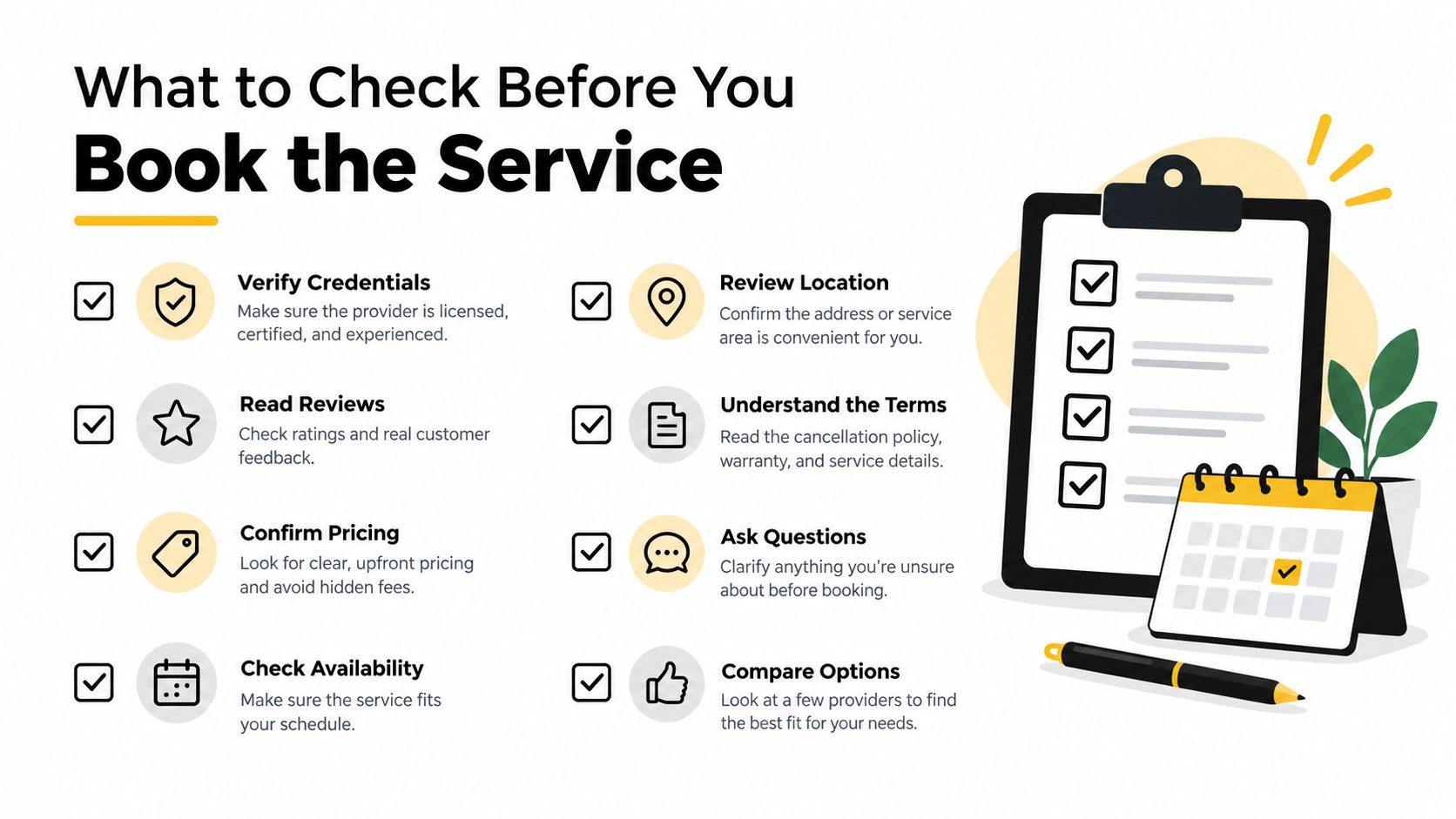 A checklist infographic titled What to Check Before You Book the Service with eight professional tips.