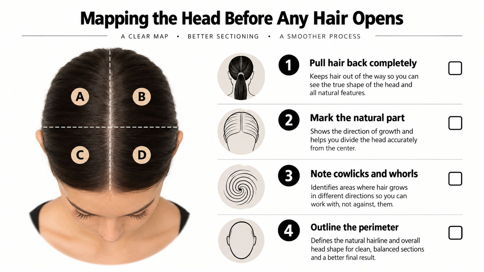 An educational infographic showing four steps to map a human head for precise hair sectioning.