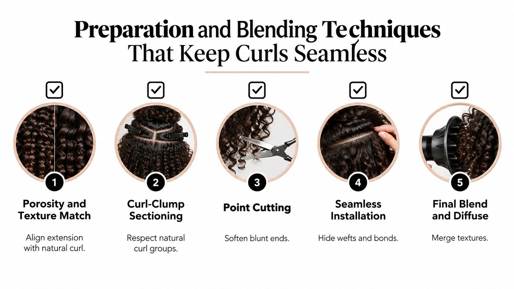 A step-by-step infographic showing five professional hair extension preparation and blending techniques for curly hair.