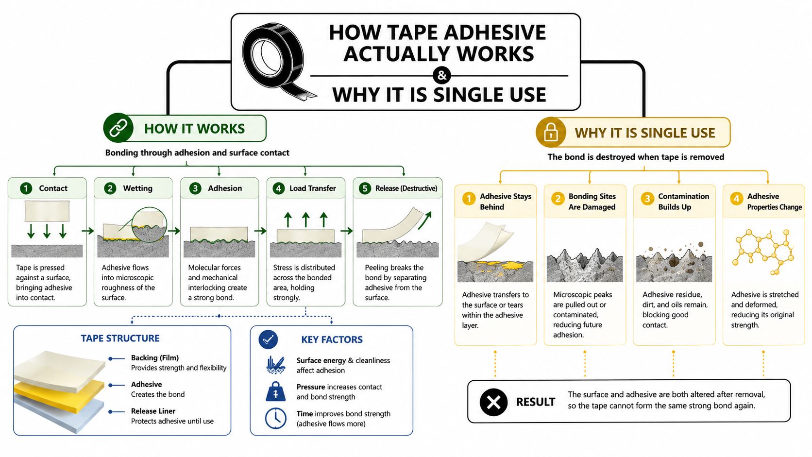 A diagram explaining how tape adhesive functions and why it is not suitable for reuse after removal.