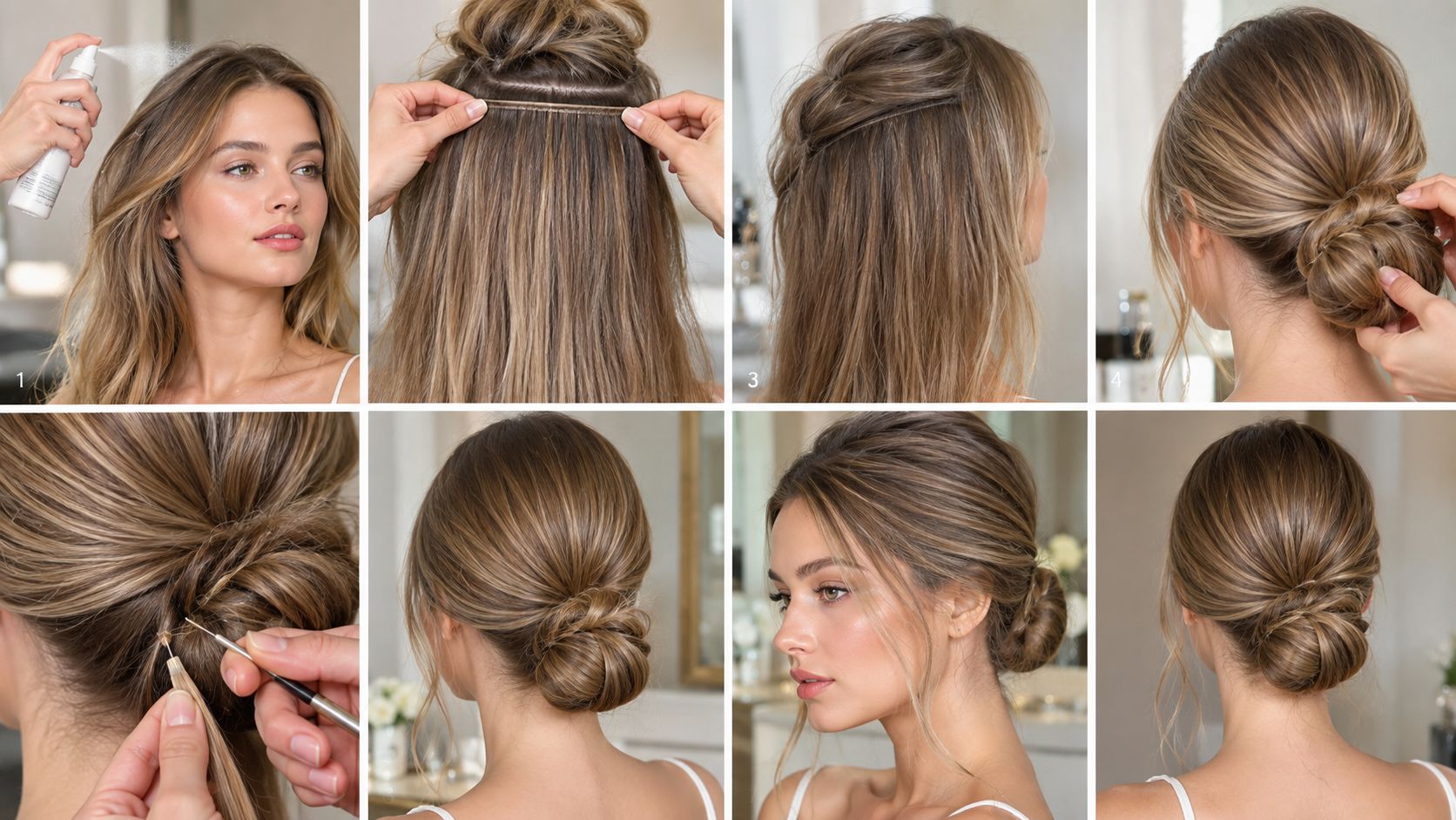 A step-by-step tutorial demonstrating how to style a messy low bun with hair extensions for homecoming.