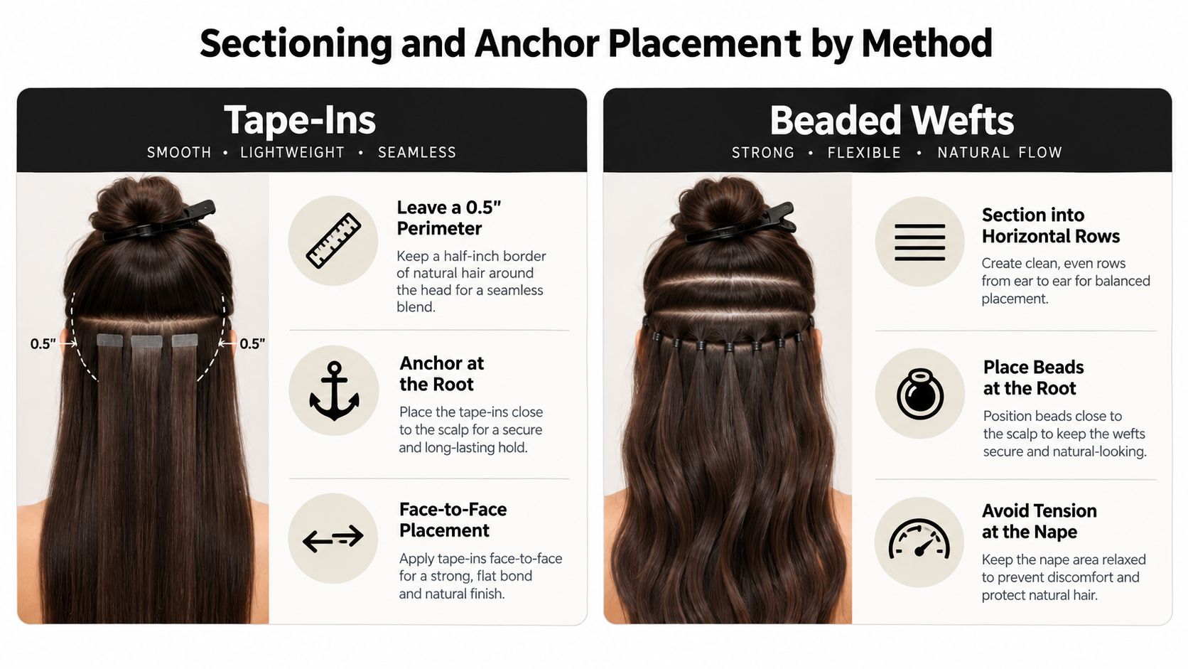 A diagram comparing hair sectioning and anchor placement techniques for tape-in extensions and beaded weft installations.
