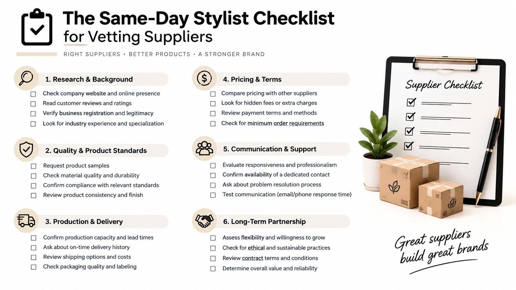 A professional checklist for vetting suppliers to ensure quality, ethical practices, and business reliability for stylists.