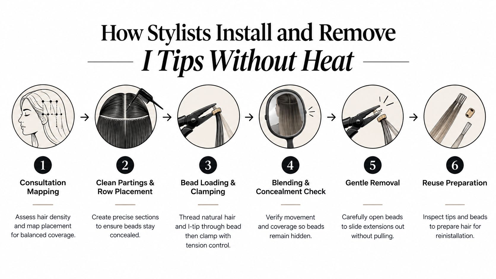 A six-step infographic illustrating the professional process of installing and removing I-tip hair extensions without heat.