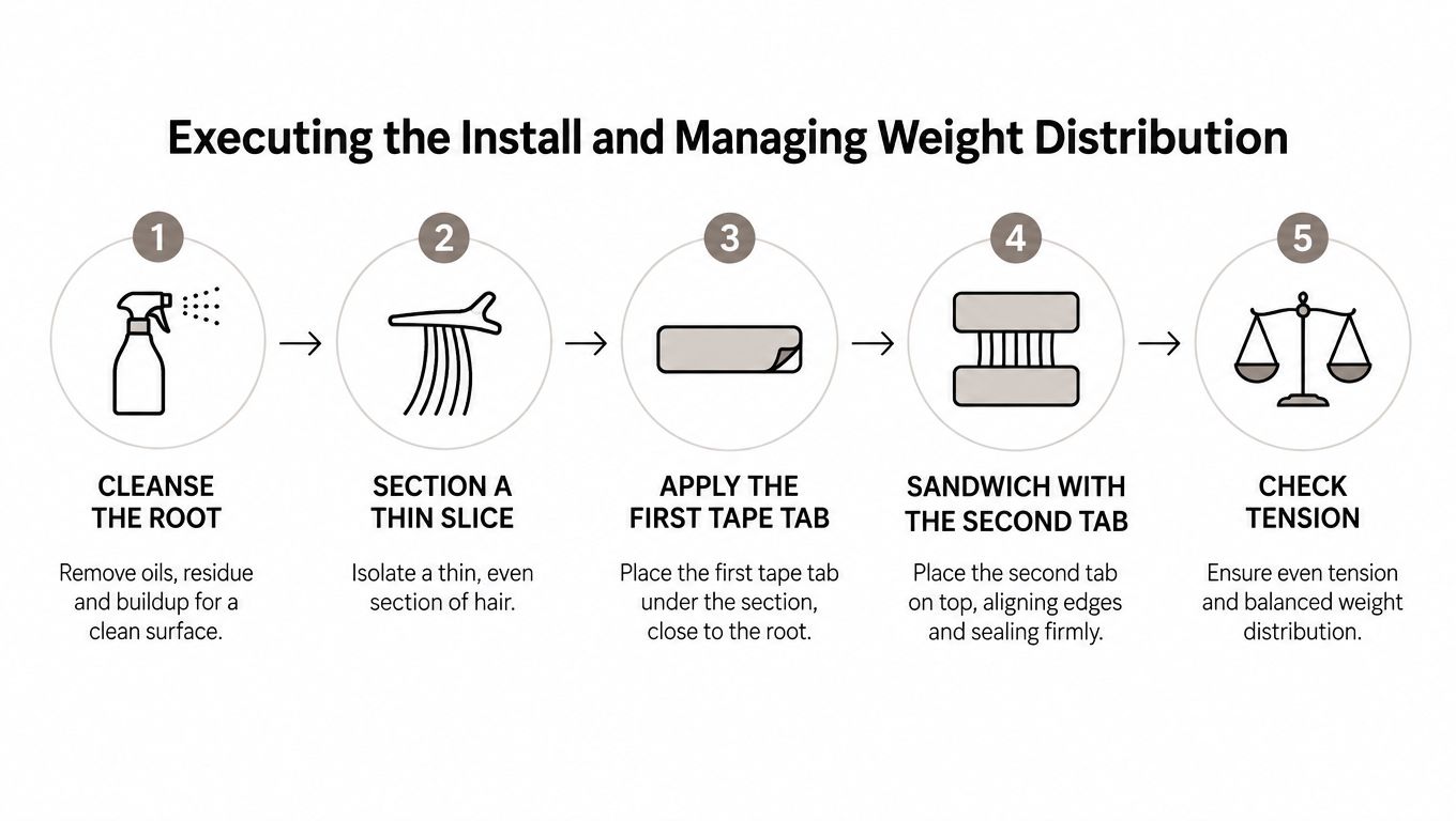 A five-step infographic showing how to apply hair tape-in extensions correctly for even weight distribution.