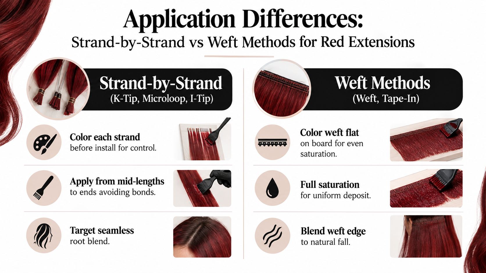 A comparison infographic showing coloring techniques for Strand-by-Strand versus Weft red hair extensions.