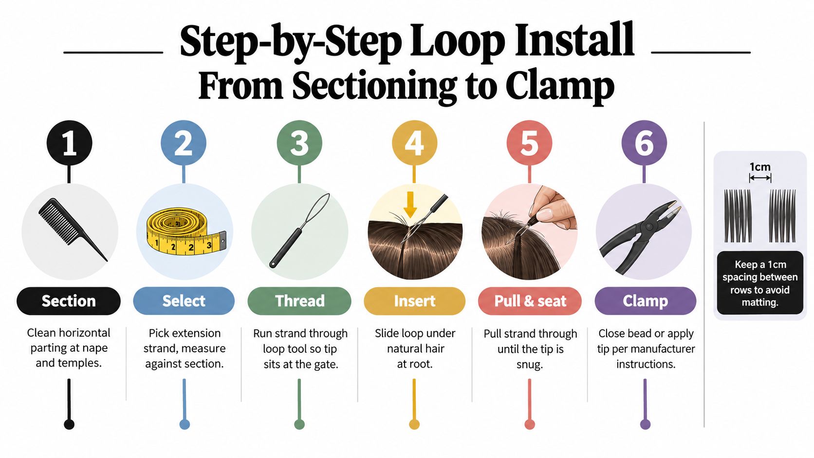 A six-step infographic illustrating the process of installing loop hair extensions, from sectioning to clamping the bead.