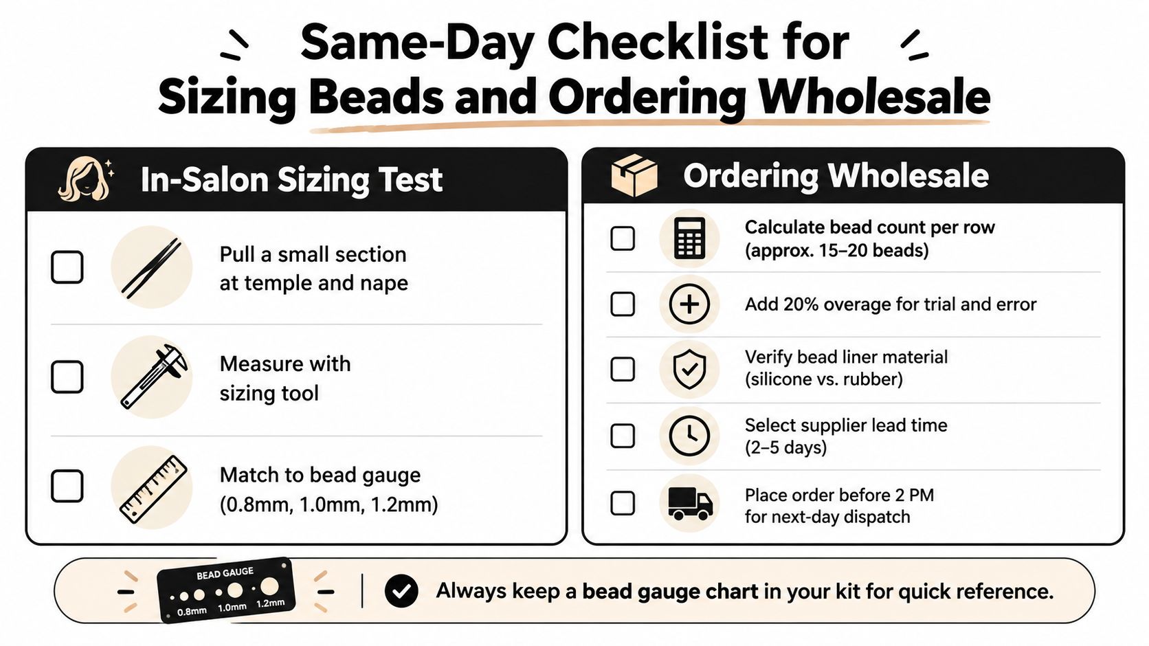 A checklist for sizing hair beads and ordering wholesale supplies, detailing in-salon steps and procurement processes.