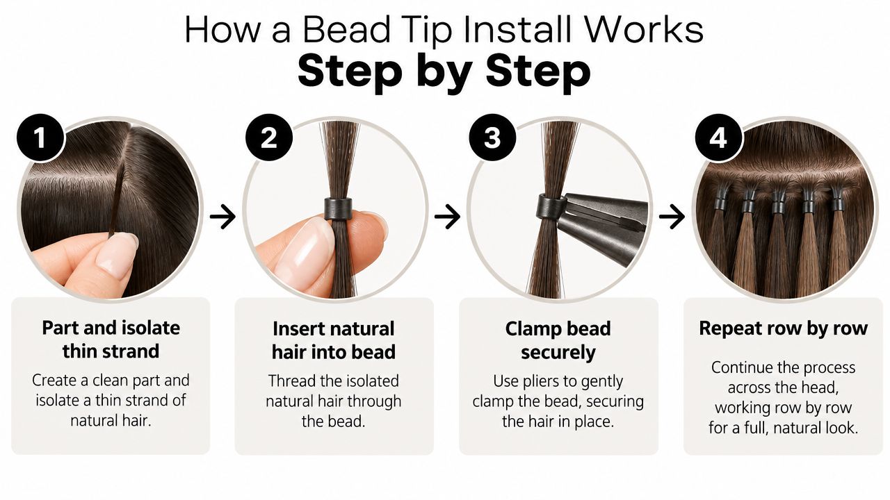 A four-step instructional diagram demonstrating how to install bead tip hair extensions on natural hair.