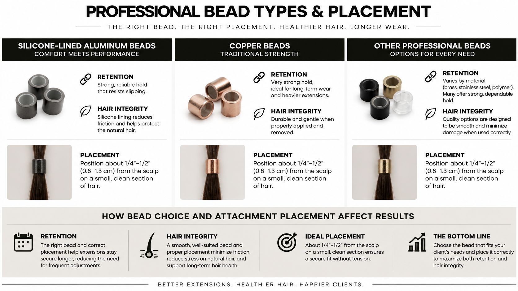 An infographic showing different types of professional hair extension beads, their benefits, and correct attachment placement techniques.