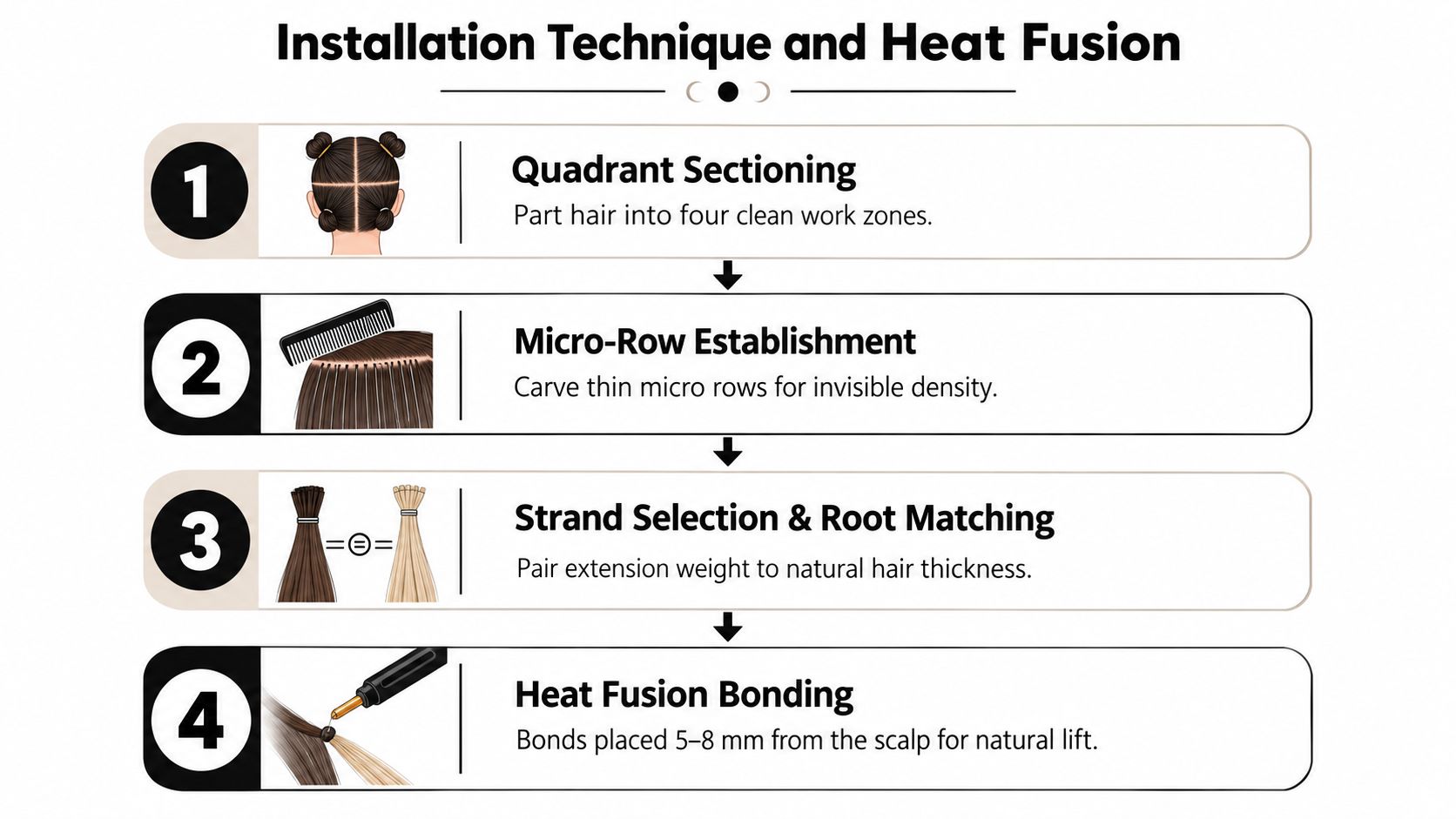 A four-step infographic showing professional instructions for installing micro K-tip hair extensions using heat fusion techniques.