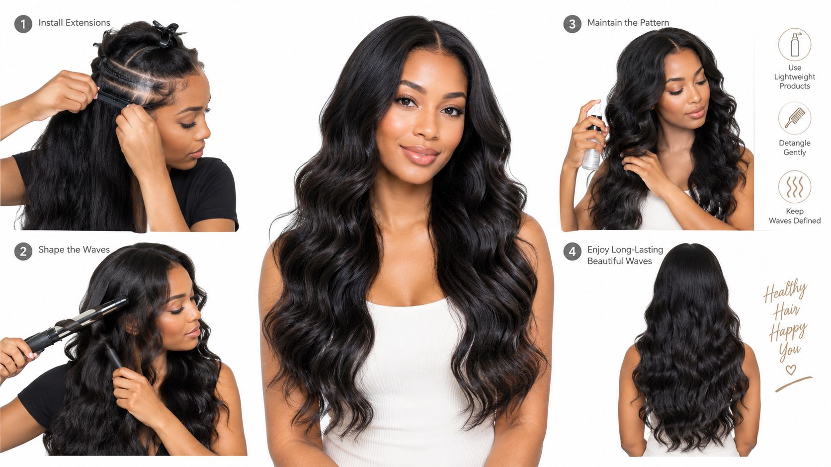 A step-by-step guide showing a woman installing and maintaining long, wavy black human hair extensions.