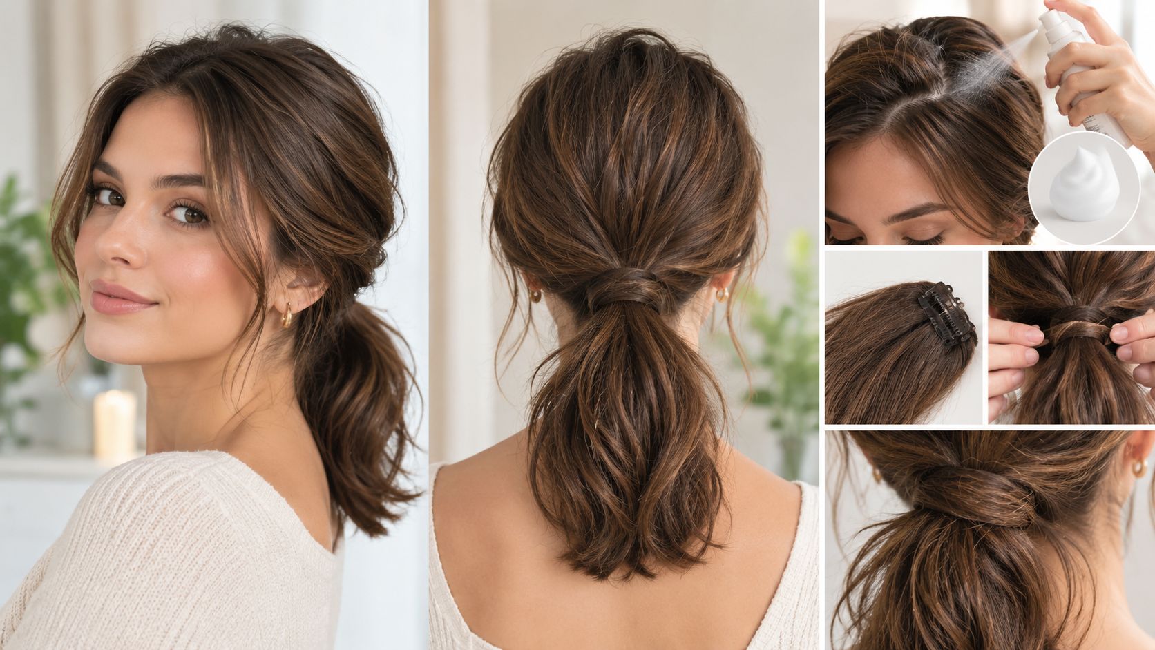 A woman demonstrating how to style a messy ponytail hairstyle for medium length brown hair.