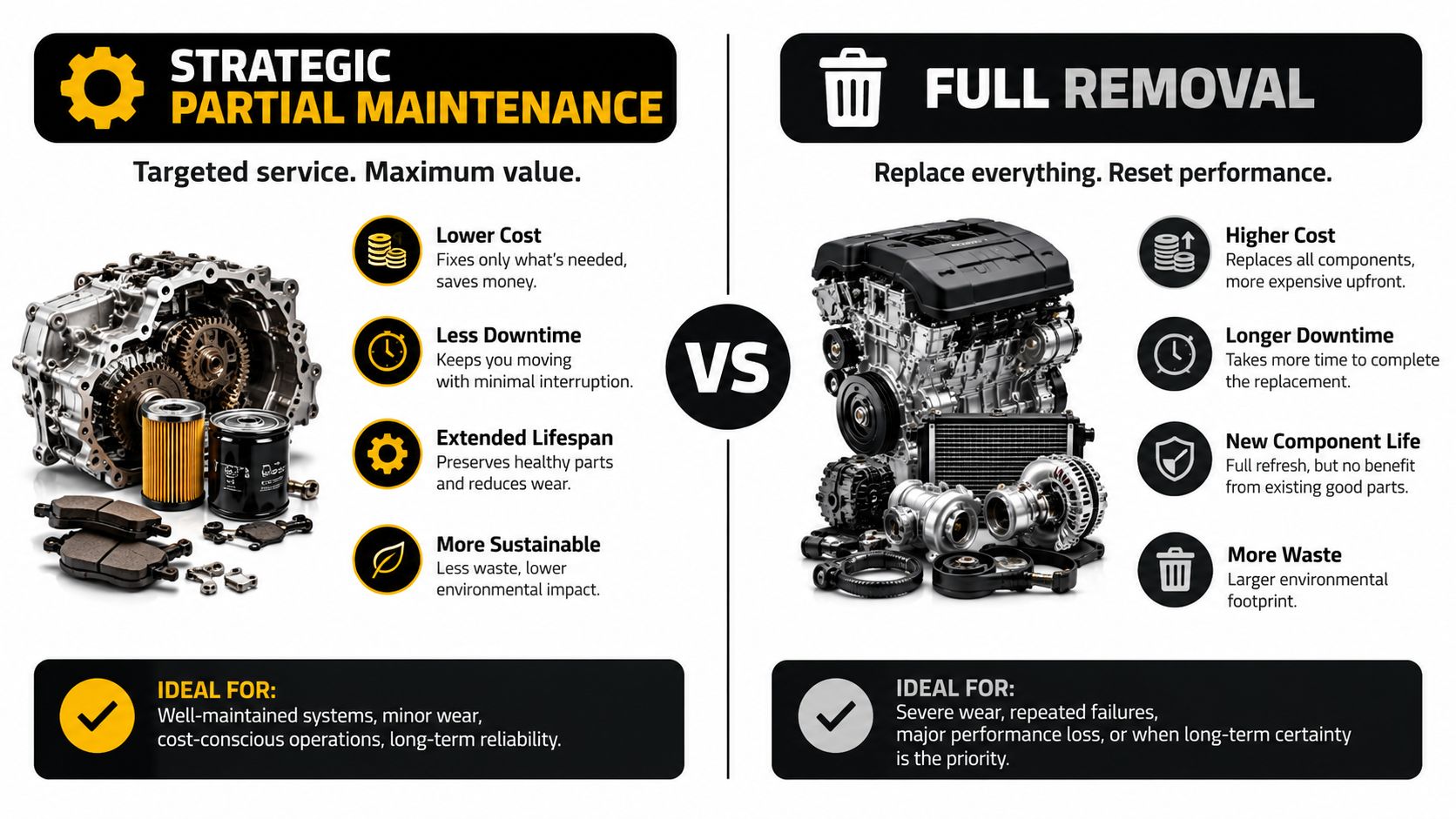 A comparison infographic between strategic partial maintenance and full removal for mechanical systems and equipment.