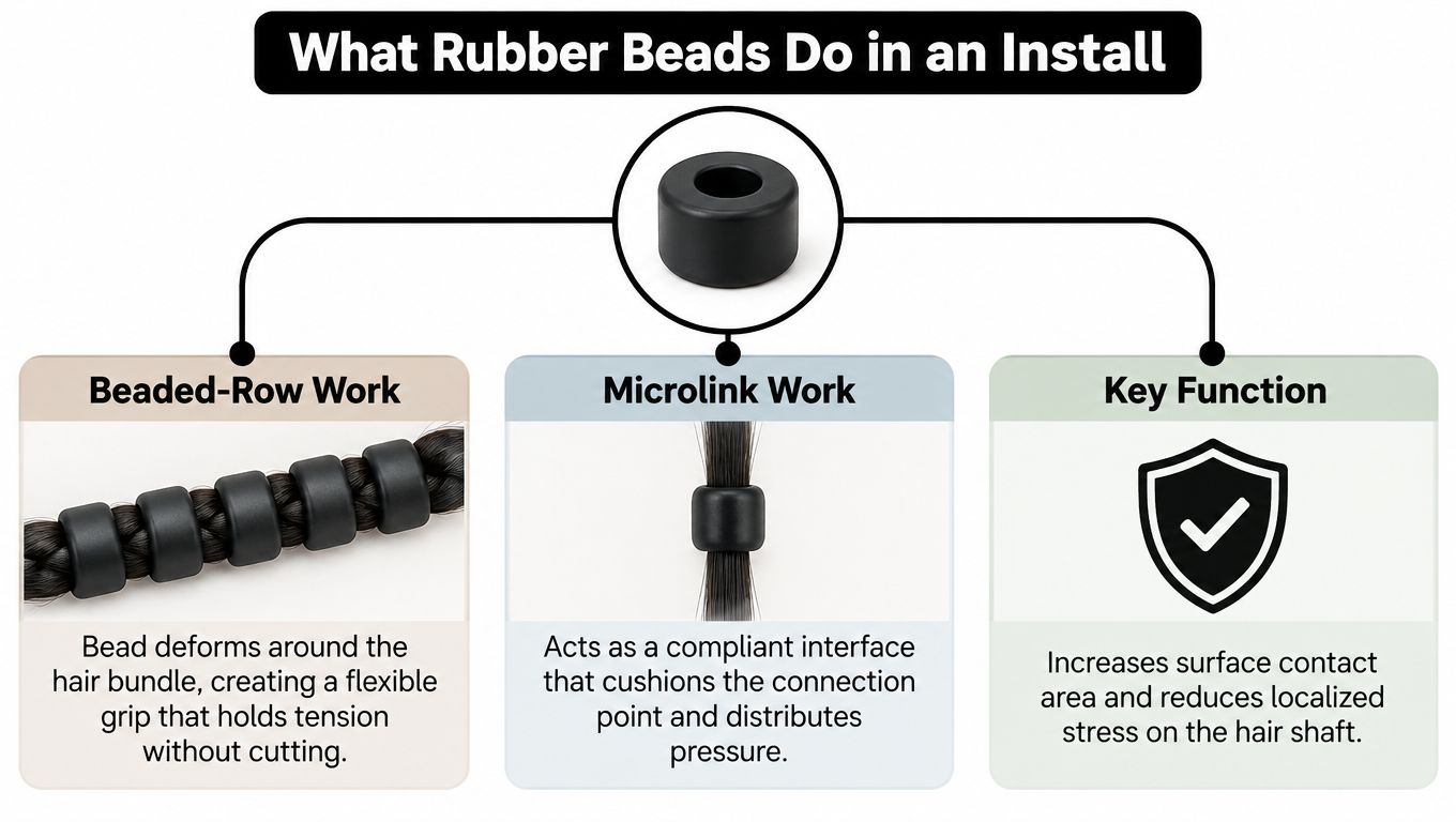 A diagram explaining how rubber beads are used in hair extensions for beaded-row and microlink installations.