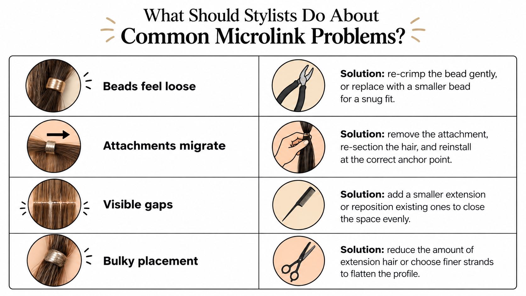 An infographic chart displaying four common microlink hair extension problems and their professional hairstylist solutions.