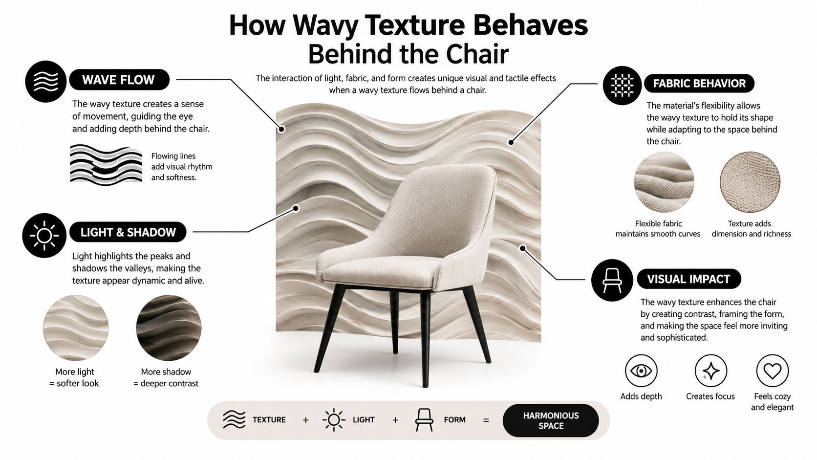 An infographic showing how a wavy wall texture behind a chair creates depth, light, and visual elegance.