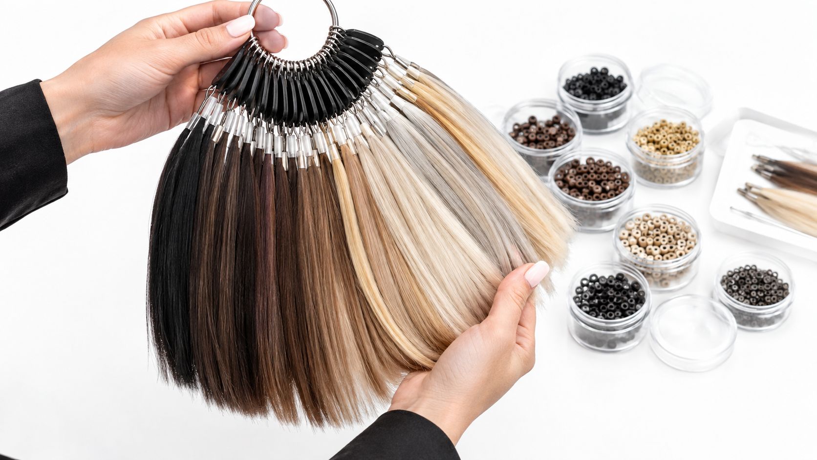 A stylist holds a hair color swatch ring displaying various shades of hair extensions alongside micro bead containers.