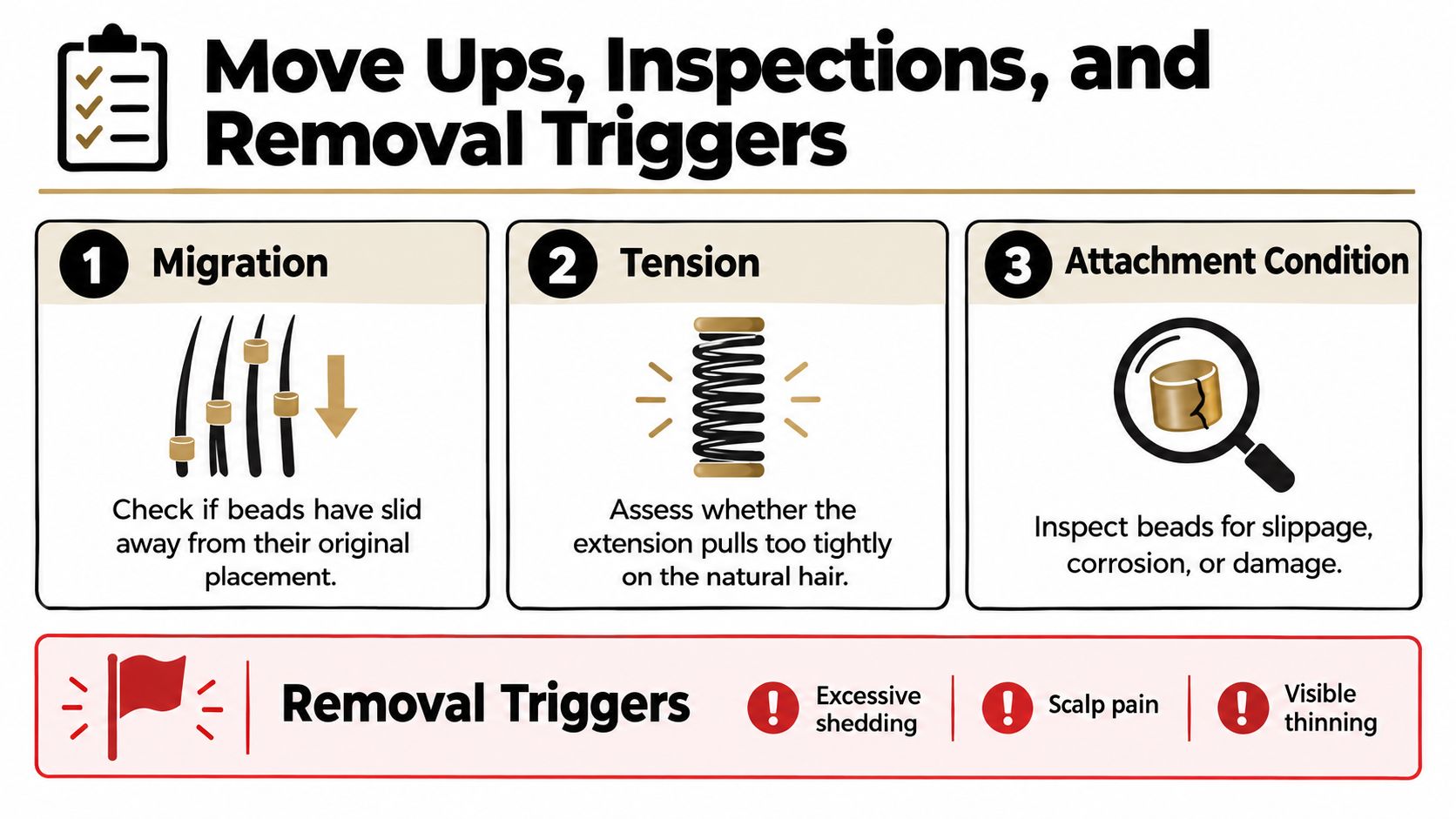 An infographic showing guidelines for hair extension maintenance including migration, tension checks, and inspection for damage.