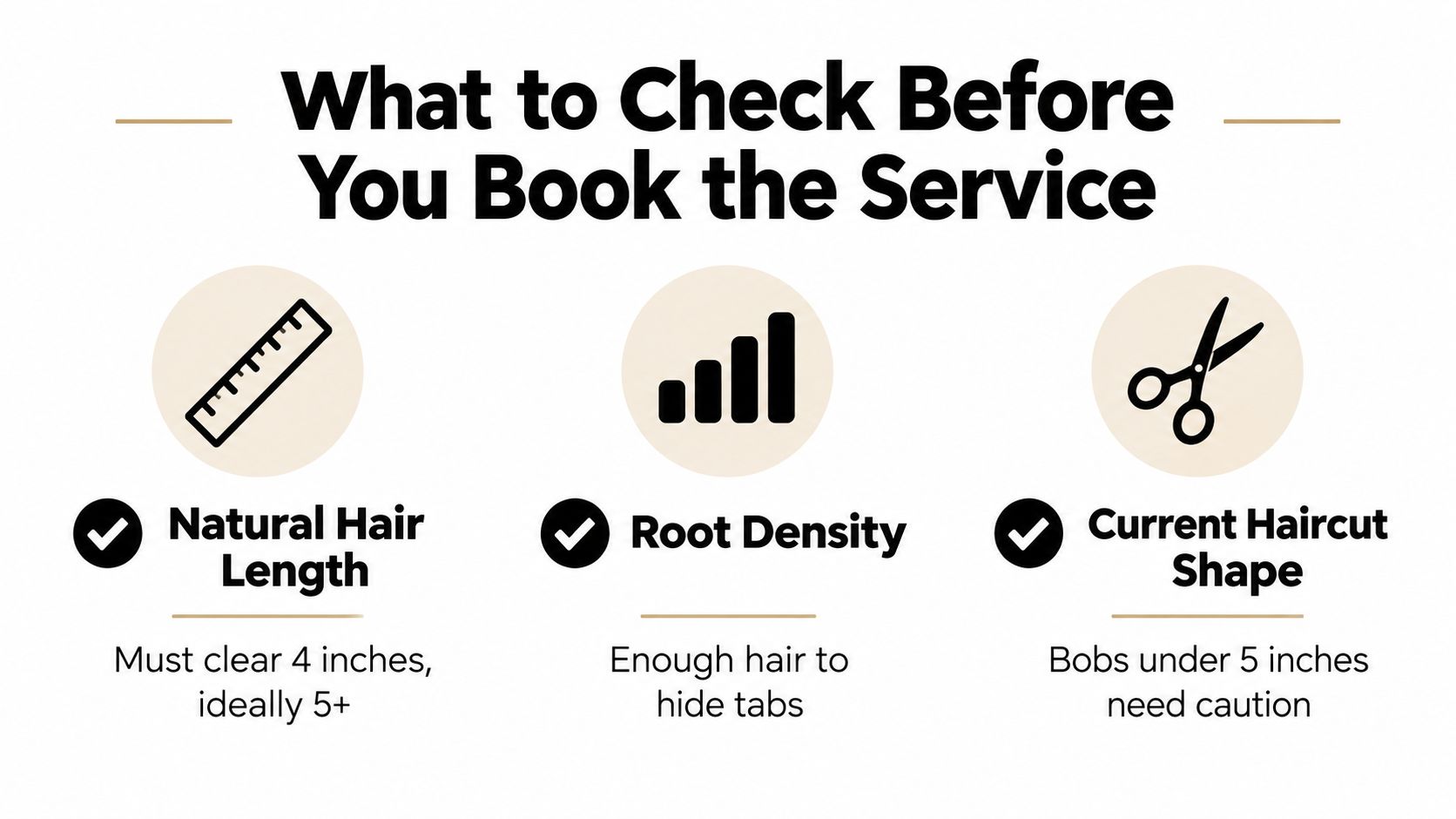 A checklist infographic detailing requirements for tape-in hair extensions including natural hair length, root density, and haircut shape.