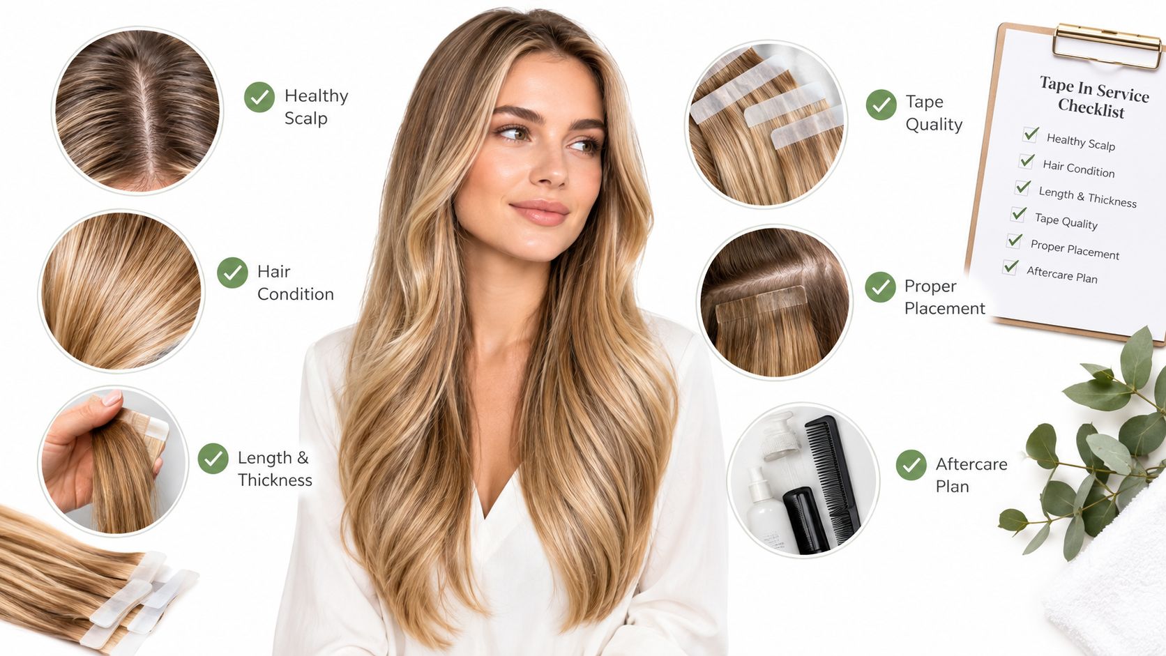 A woman with long blonde hair surrounded by circular image insets illustrating a professional tape-in hair extensions service checklist.