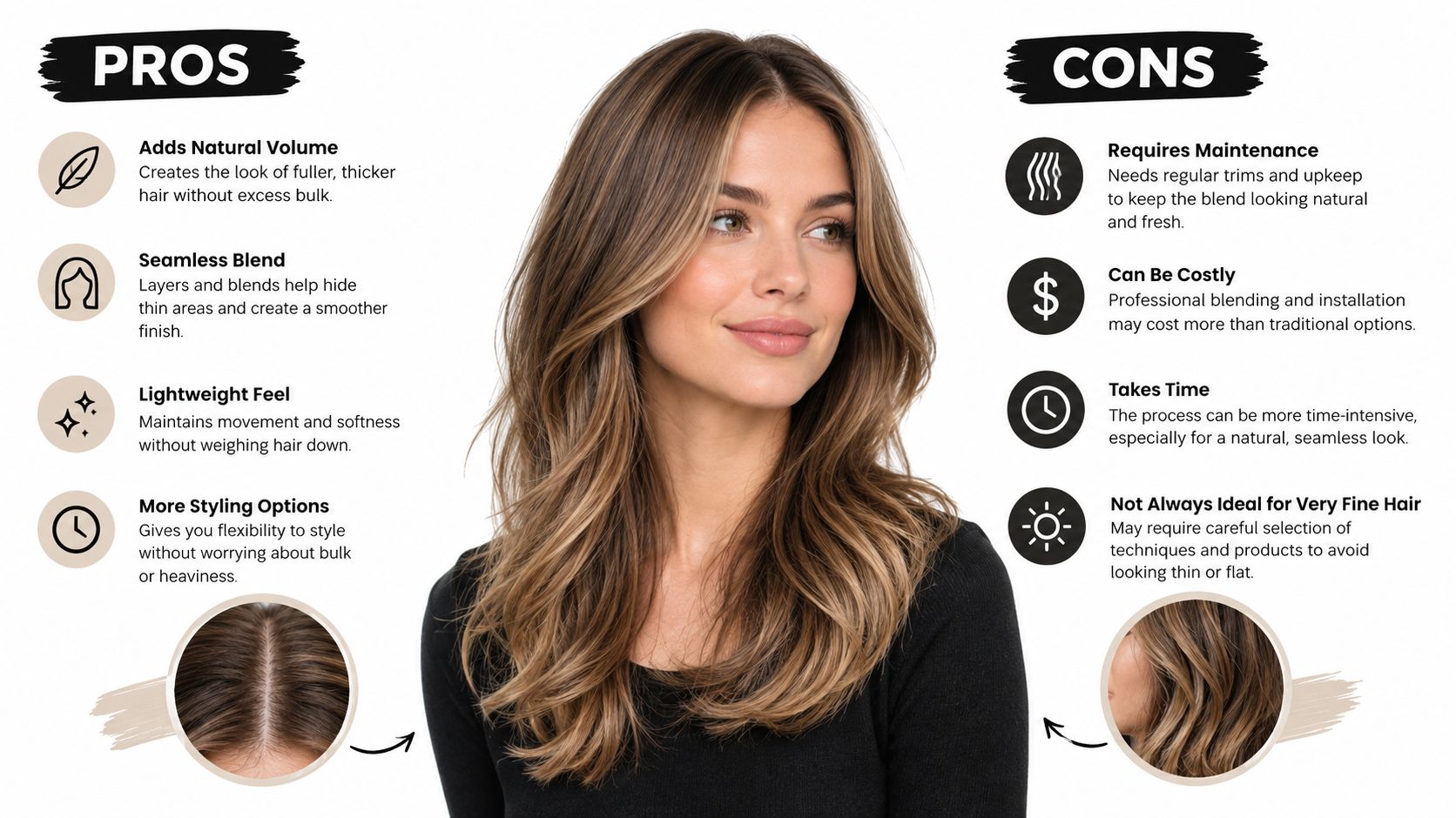 A graphic comparing the pros and cons of hair extension blending techniques with a woman's hair model.
