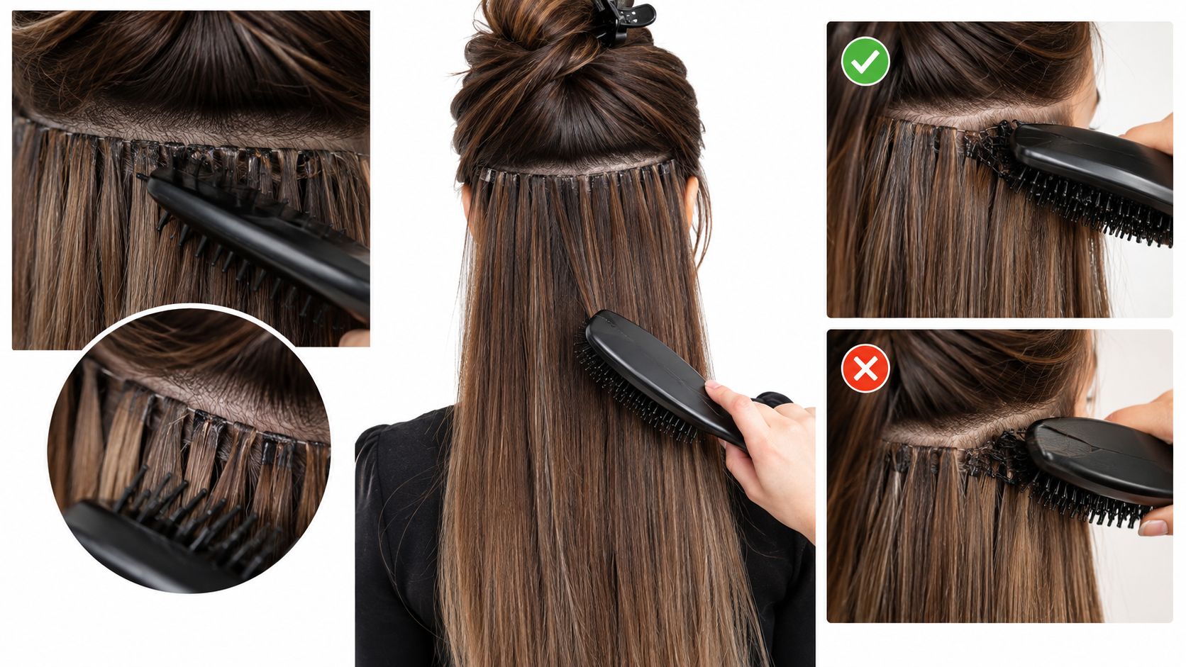 A demonstration of how to correctly brush hair with extensions to avoid tangling and damage.