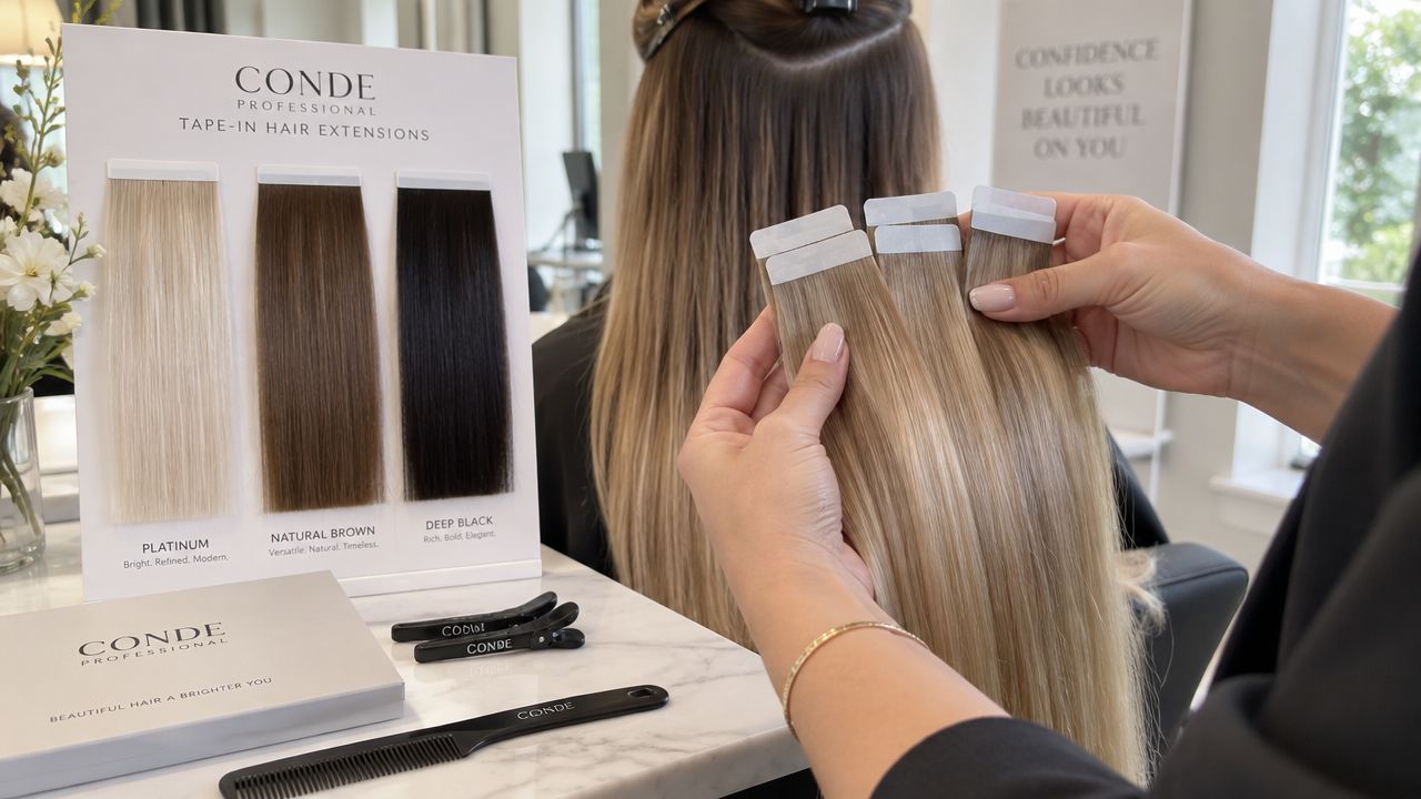 A professional hairstylist holds light blonde tape-in hair extensions near a brand display in a salon.
