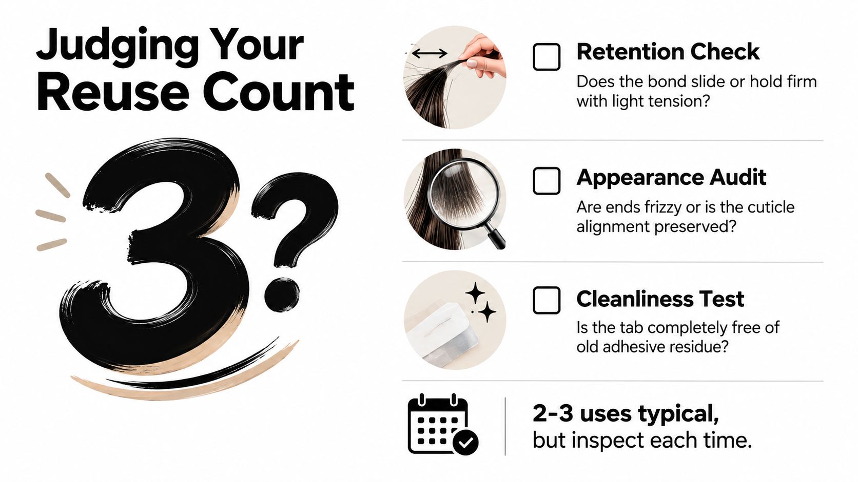 A guide for checking if hair extensions can be reused, featuring three inspection criteria for quality.