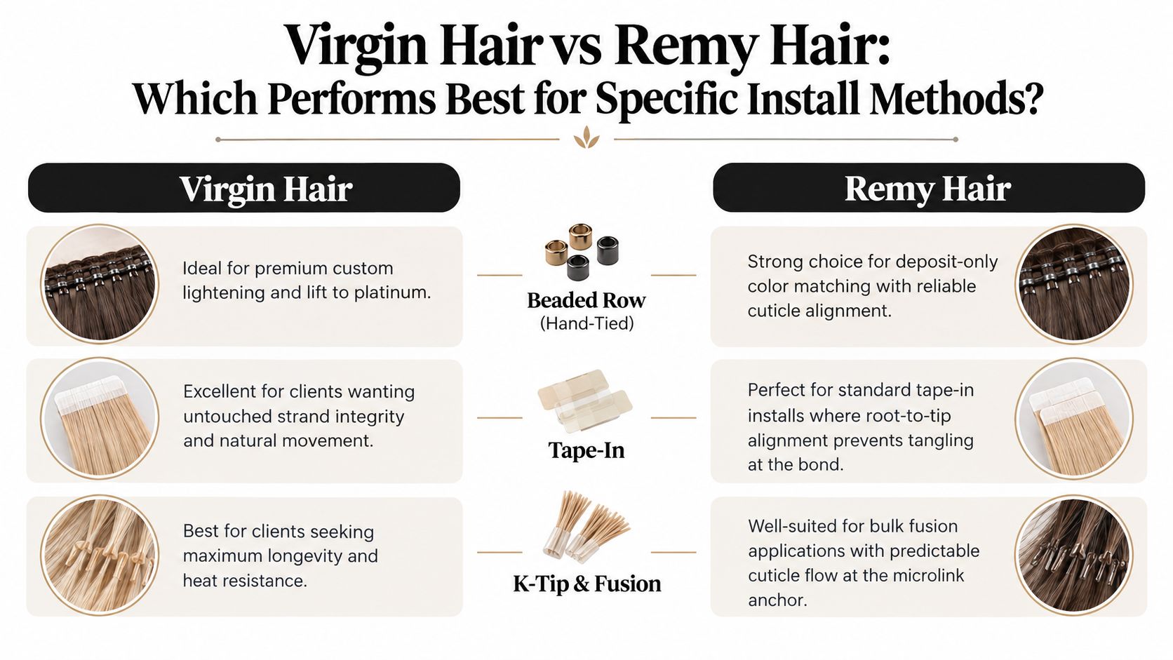 A comparison chart outlining the differences between Virgin Hair and Remy Hair for various hair extension installation methods.