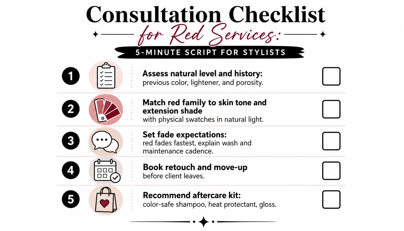 A five-step consultation checklist for hair stylists specializing in professional red hair color services.