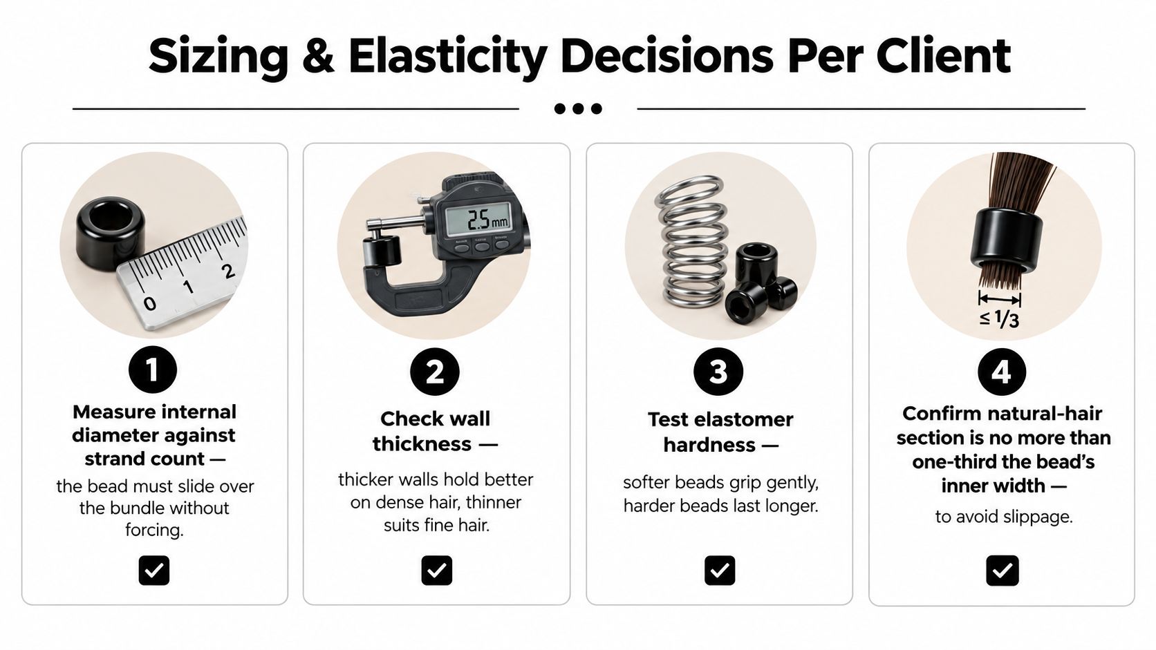 An infographic showing four steps for selecting appropriate rubber beads for hair based on sizing and elasticity.