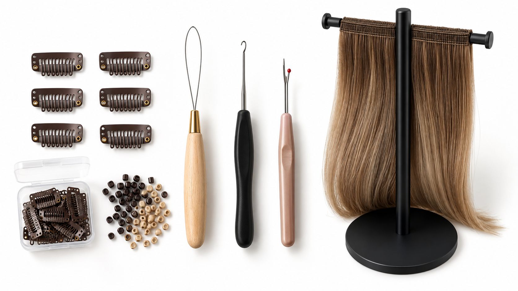 A collection of hair extension installation tools including clips, beads, a threader, a hook, and hair extensions.