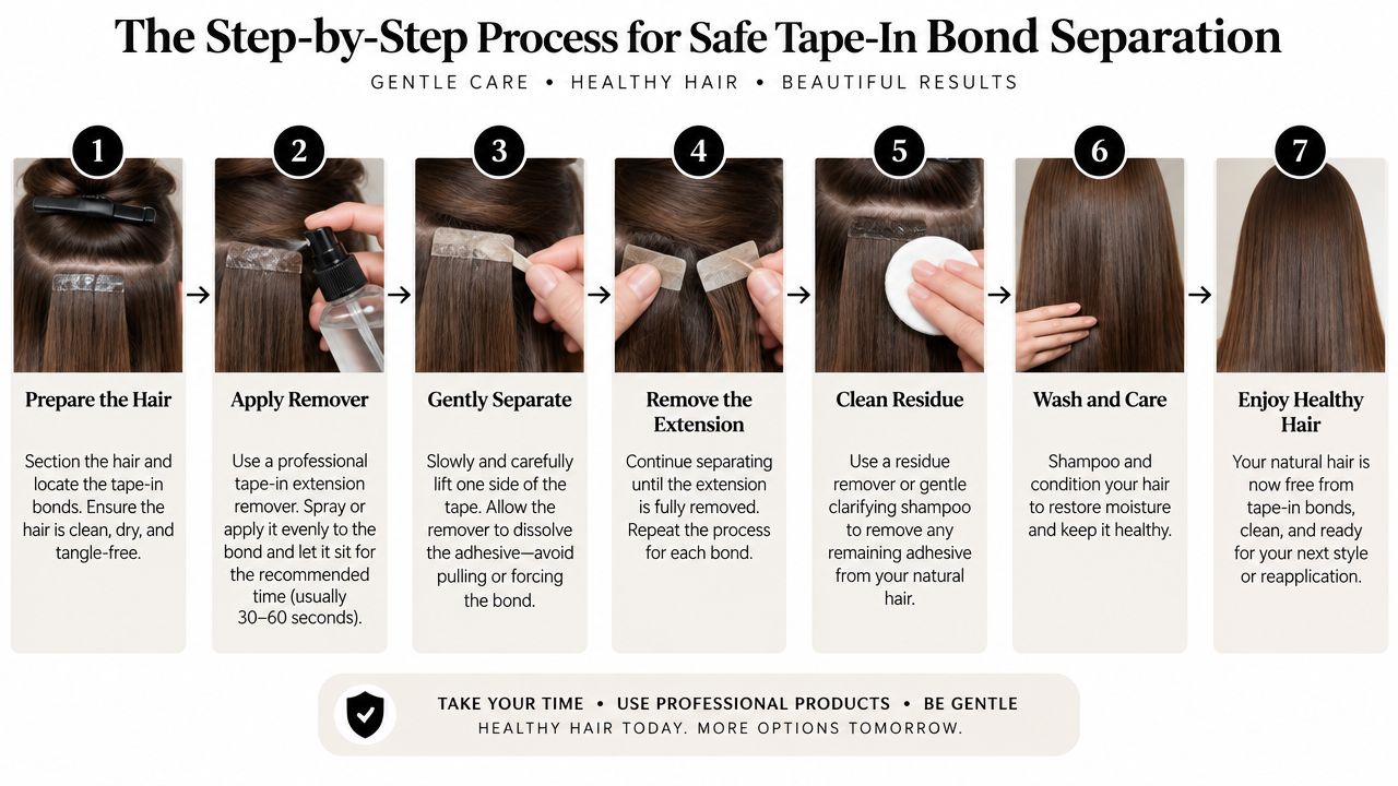 A seven-step instructional graphic showing how to safely remove tape-in hair extensions from natural hair.