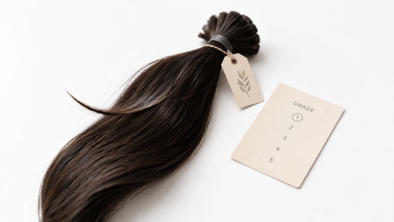 A bundle of dark brown bulk Remy hair extensions displayed next to a quality grade reference card.