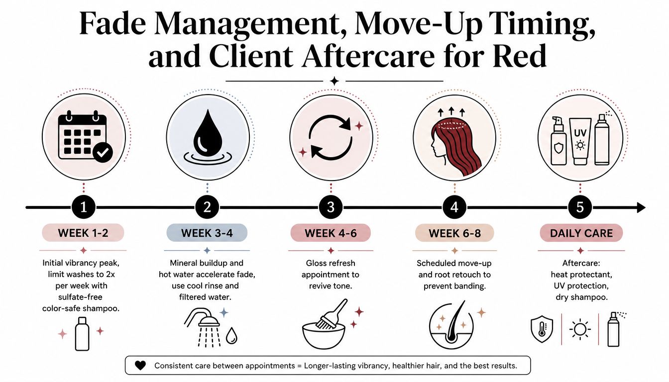 An infographic detailing fade management, move-up timing, and daily aftercare steps for maintaining professional red hair color.