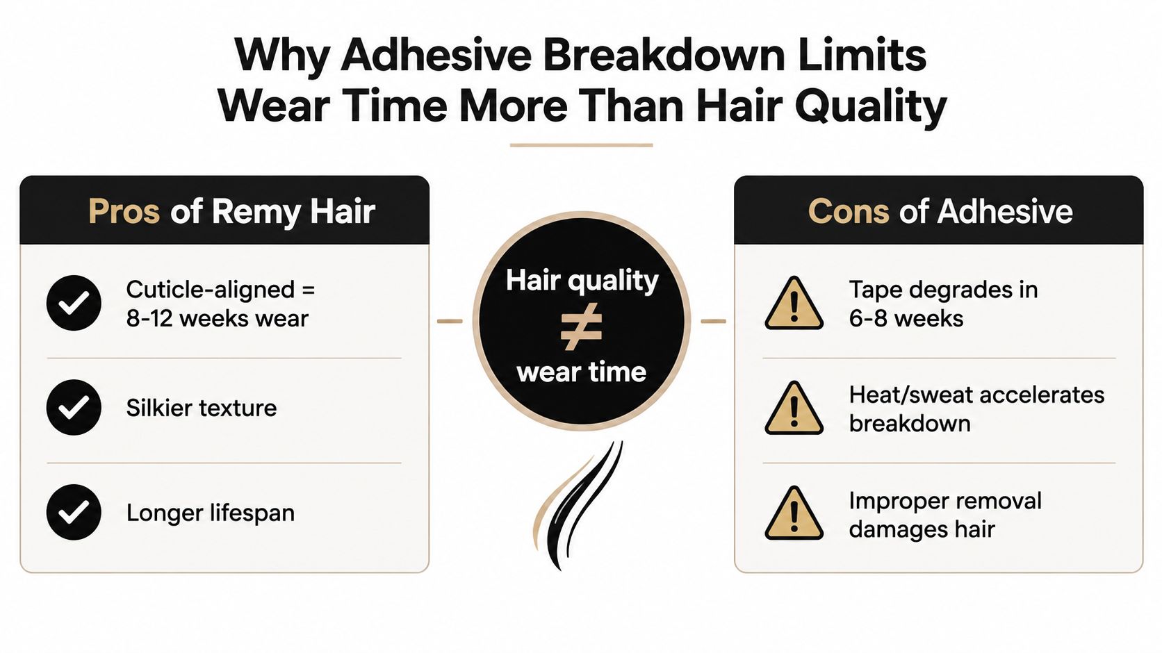 A comparison infographic explaining why adhesive degradation limits tape hair extension wear time more than hair quality.