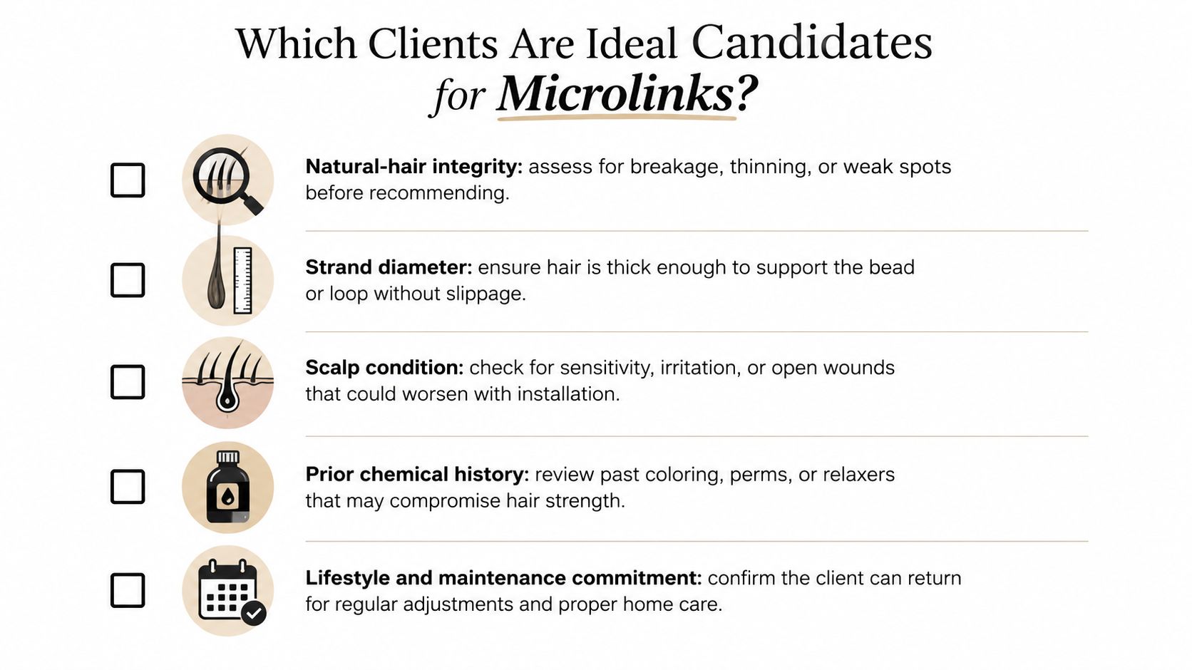 A checklist infographic outlining five key considerations for determining ideal candidates for microlink hair extensions.